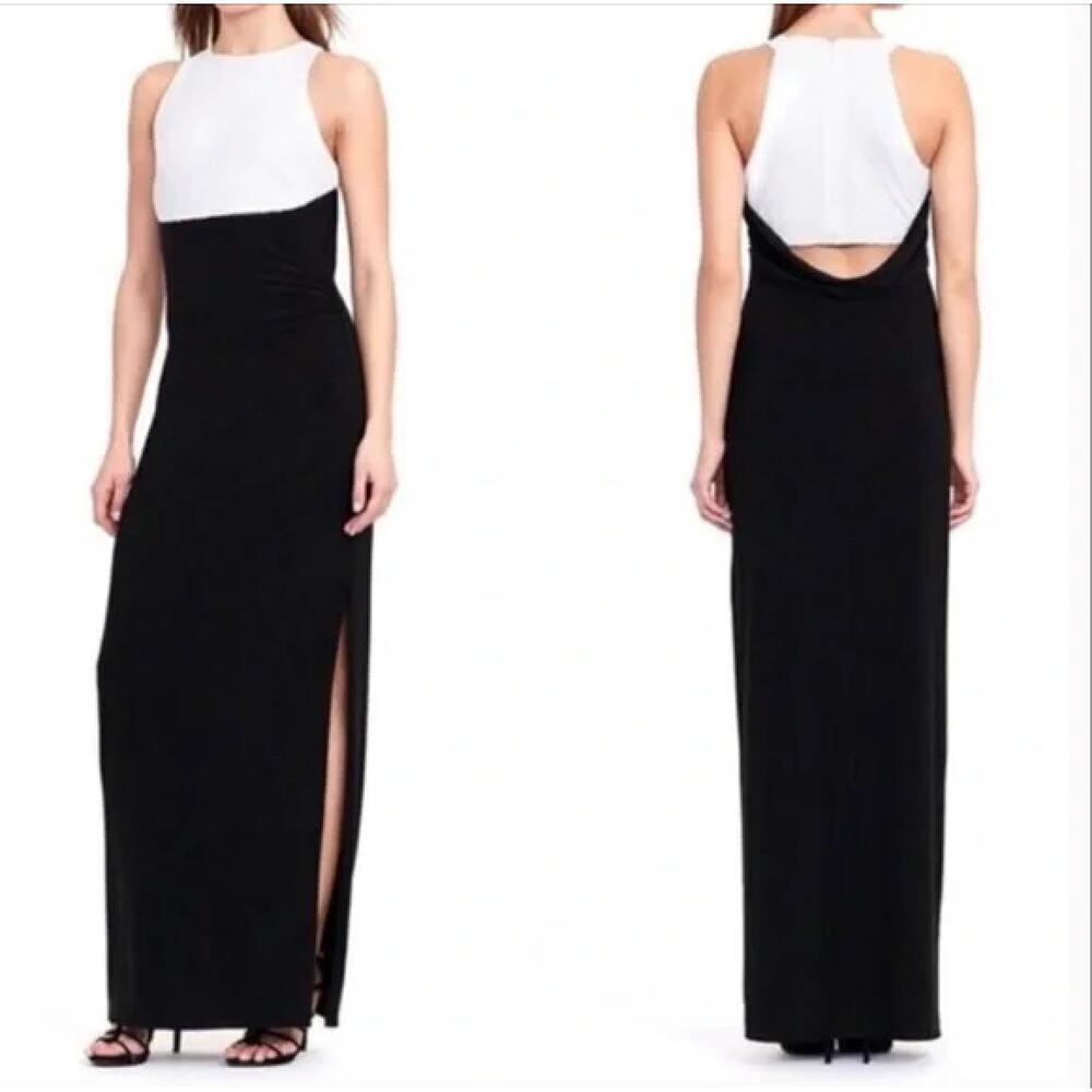 Lauren Ralph‎ Lauren Sequin Bodice Cutout Back Formal Gown Black White, Size 0P